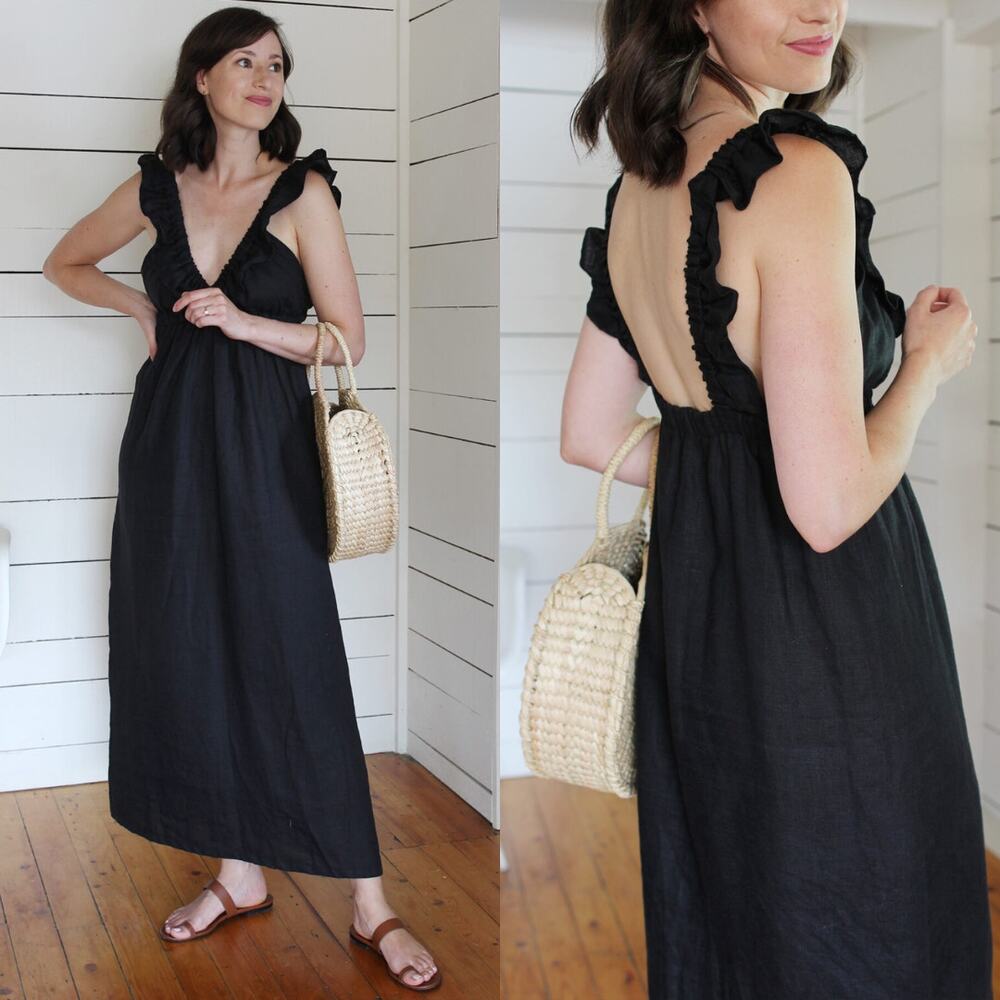 Harly Jae Dress Milos Black Linen Ruffled V-Neck Minimalist‎ Maxi Dress Size L